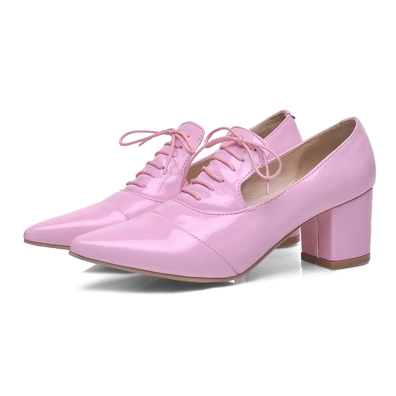 Pink LVABC/Дамская обувь Большие размеры 31-45, женские туфли-лодочки в британском стиле Демисезонные женские туфли с острым носком на не сужающемся книзу высоком массивном каблуке со шнуровкой B - Цвет: Pink