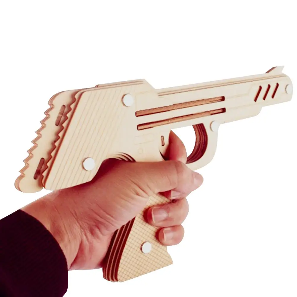 wooden 3D деревянная головоломка DIY игрушечный пистолет моделирование пуля Резиновая полоса пусковая пушка пистолет пулемет стрельба пистолеты детские игрушки модель - Цвет: wooden