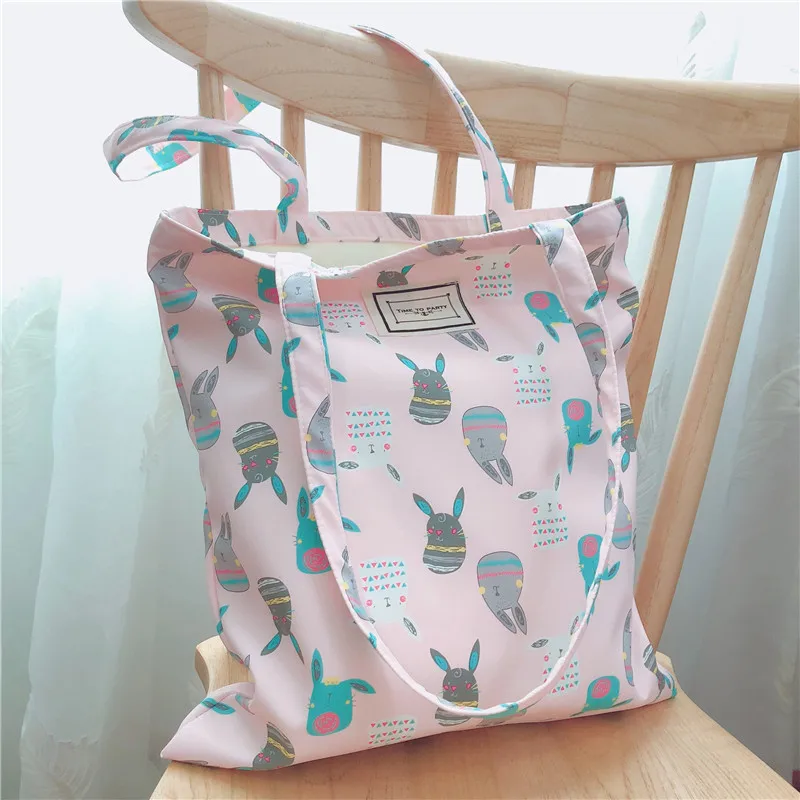 Water-proof Canvas Eco Shopping Tote Shoulder Bag Print Cartoon Bunny Pink Gray ZJ | Багаж и сумки