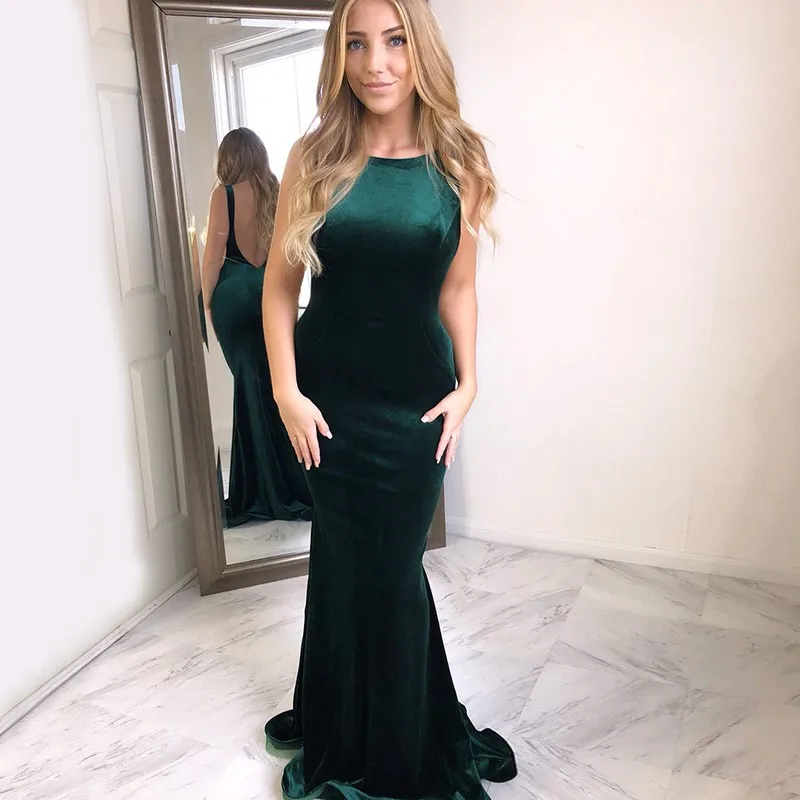 2019 темно-зеленый бархатный длинные Prom Dress Mermaid костюм с сексуальным вырезом и