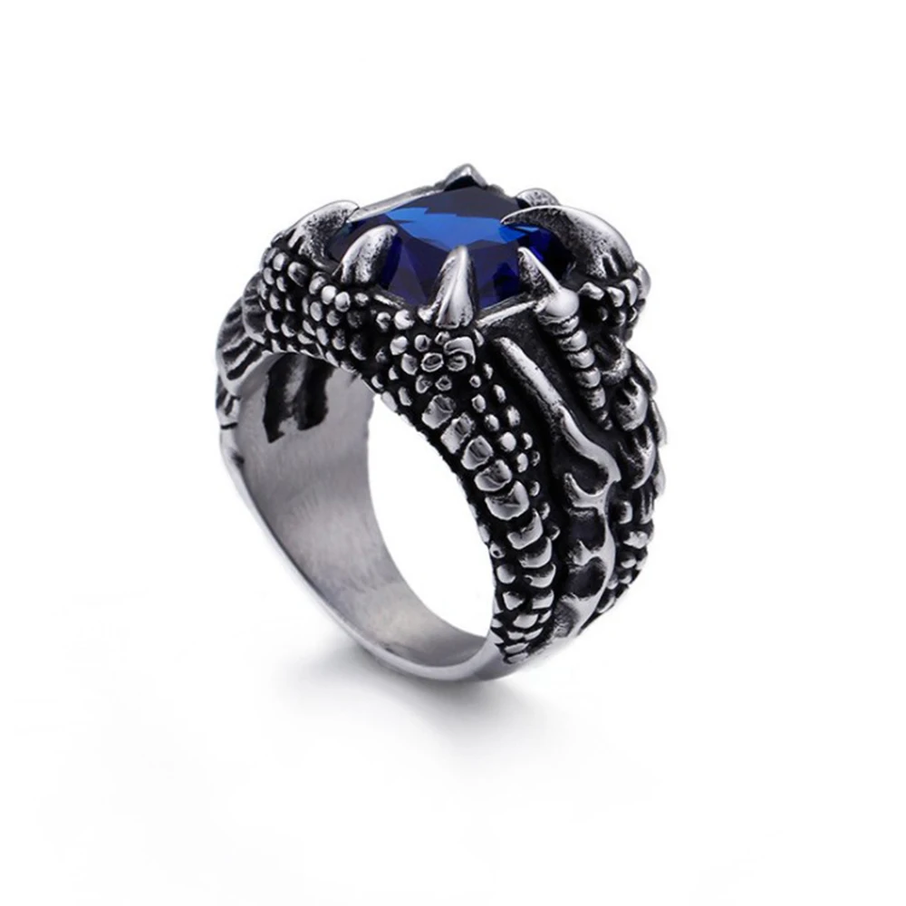 

Punk Rock Vintage Dragon Claw Ring Men 316L Stainless Steel Red Blue White Zircon Crystal Biker Rings Male Jewelry Accessories