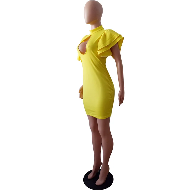 Pndodo короткий рукав Ruffled Sheath Dress Для женщин открытой передней Bodycon Короткое мини-платье Элегантные Вечерние длиной выше колена Платья для женщин Vestidos