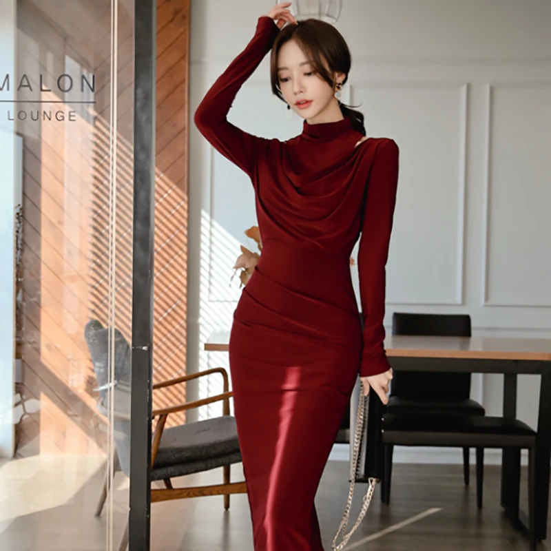 Elegant Stand Collar Full Sleeve Wine Red Women Dress 2019 Autumn Winter Slim Waist Midi Vestidos femme OL Style Female | Женская одежда