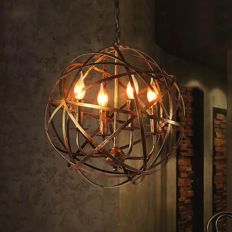 Retro Cafe Gold Bronze Iron Ball E14 Chandeliers Creative Home Decor Living Room Bedroom LED Lighting Fixture Pendant Lamp