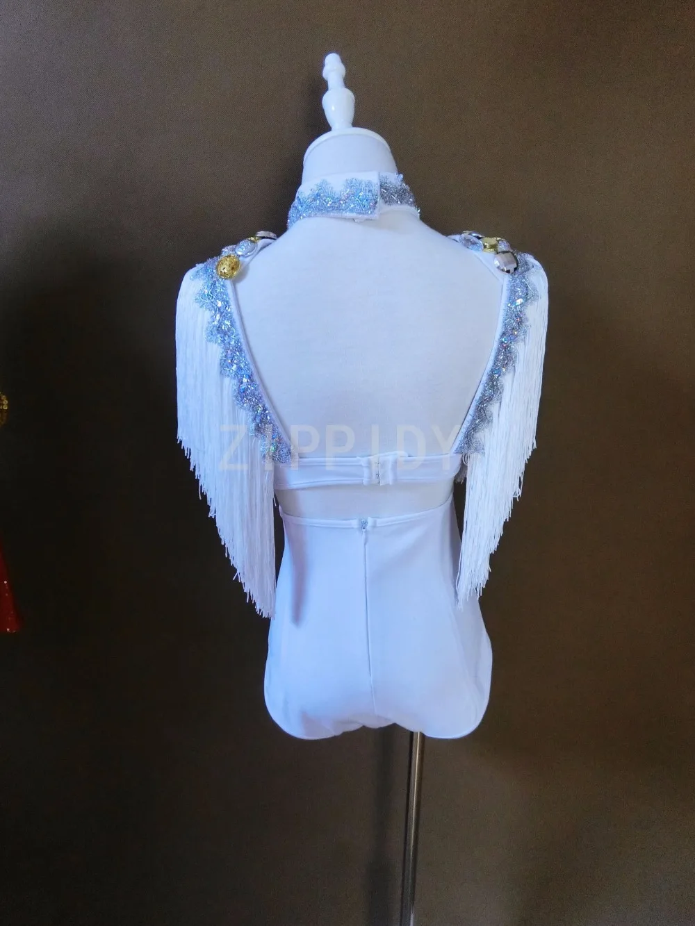 2019 Big Rhinestones 3-piece Set White Tassel Bra Short Long Tail Women's Outfit Sexy Costume Birthday Prom Party Show Wear |