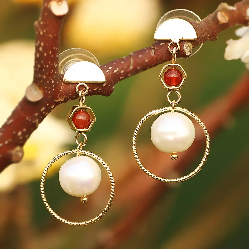 Женские серьги подвески FARLENA золотого цвета с натуральным камнем для свадебной