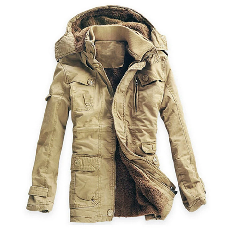 

Mens Cotton Windbreaker Army Hooded Jacket Long Trench Coat Winter Jacket Men Casual Thick Velvet Warm Jackets Parkas Hombre