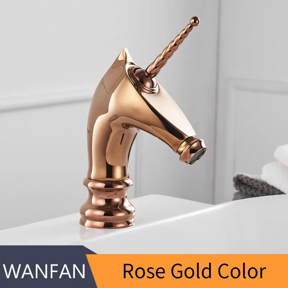 Rose Gold Смеситель для раковины, уникальный модный кран для ванной комнаты с лошадиной головкой, золотой Латунный бортике, одинарная длинная ручка, смеситель для туалета 855753 - Цвет: Rose Gold