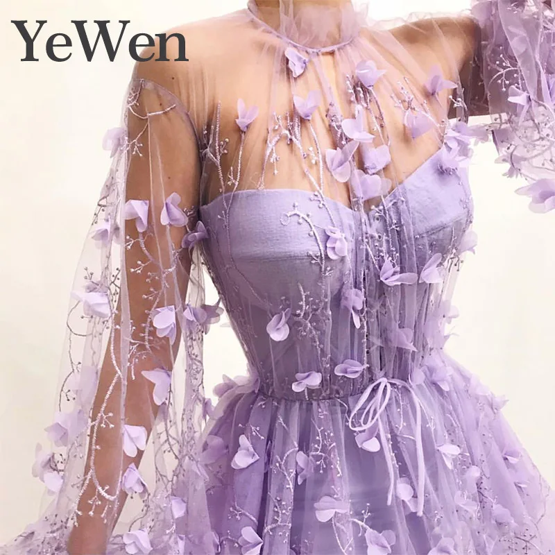 Женское вечернее платье с длинным рукавом фиолетовое кружевное цветочным