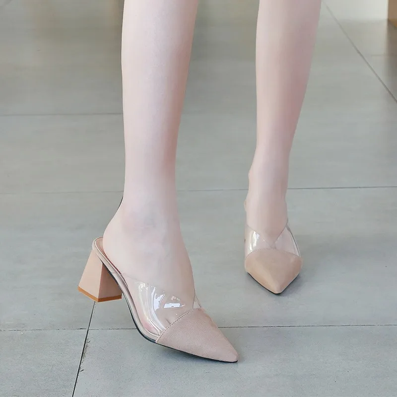 Women Summer High Heels Mules Slippers Ladies Pointed Toe Transparent Outside Shoes Woman Fashion slippers f517 | Обувь
