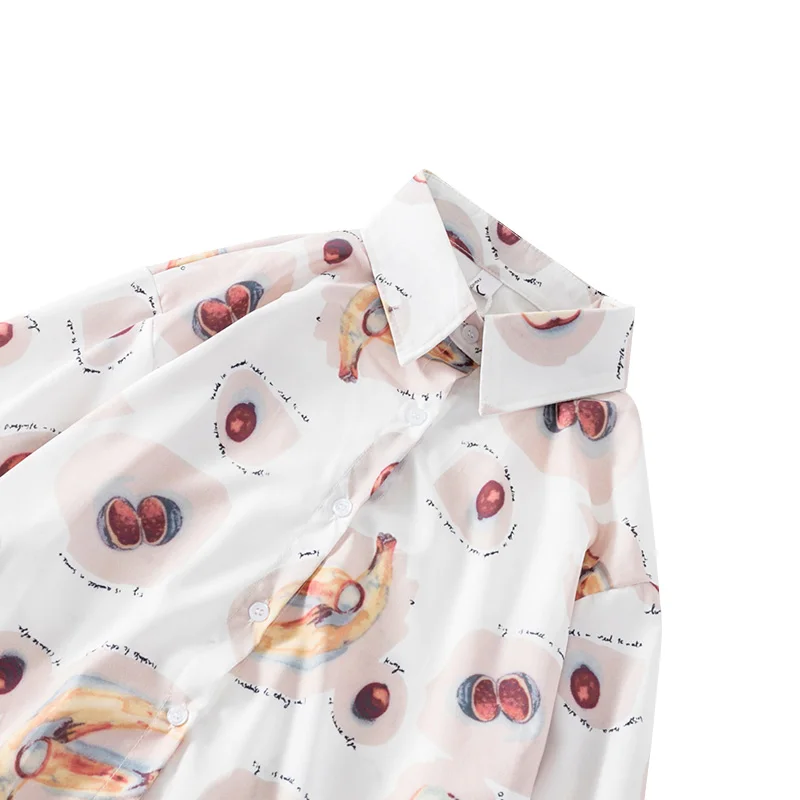 

Fashion Women Sweet Shirt Fruit Print Blouse Long Sleeve Chiffon Shirts Summer Turn Down Collar Casual Ladies Tops