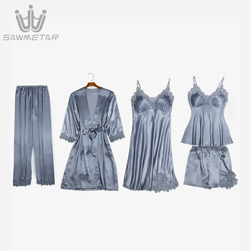 

Women Sexy Lace Pajamas Silk Pijama Satin Sleepwear 5 Pieces Sleep Lounge Summer Pyjama HomeWear HomeClothing With Chest Pads