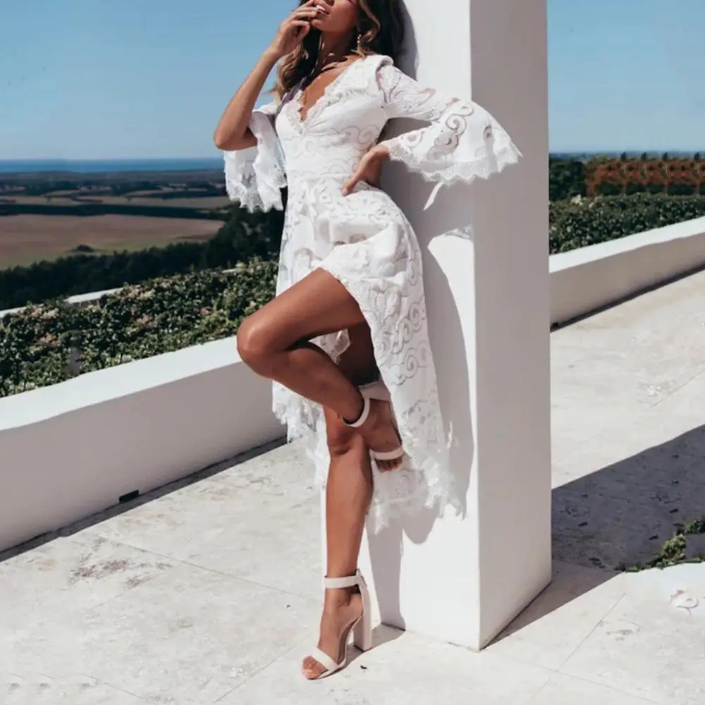Boho сексуальное открытое элегантное белое платье с вышивкой женское летнее 2019