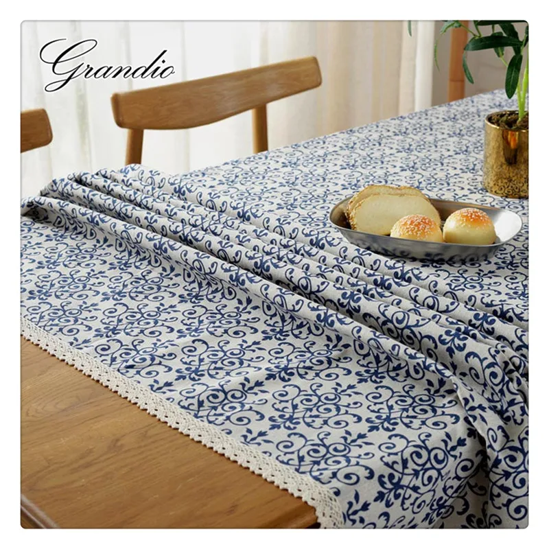 Blue and White Porcelain Table Cloth with Lace Trim Blending Cotton Linen Fabric Home Decorative Tablecloth Cover | Дом и сад