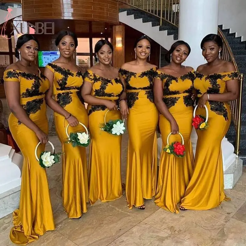 

Sexy Off The Shoulder African Yellow Mermaid Lace Bridesmaid Dresses Black Appliqued Wedding Guest Dress Maid Of Honor Gown