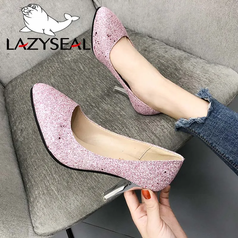 LazySeal/блестящие женские туфли-лодочки; обувь на высоком каблуке; женские туфли-лодочки с острым носком на тонком каблуке; женская обувь для вечеринок; свадебные туфли; большой размер 44