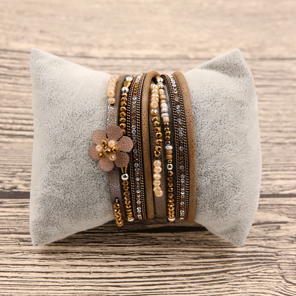 2019 Bohemia flower Leather bracelet For Women Multi-layer Beads Charm Wristband Crystal Magnetic Bracelets Jewelry | Украшения и