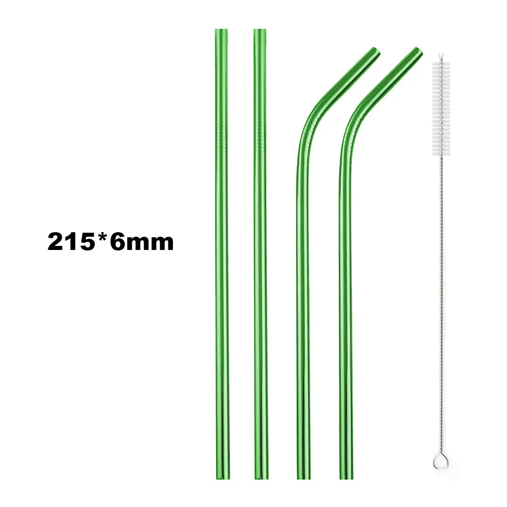 4pcs Green Многоразовые металлические трубочки для питья 304 нержавеющая сталь прочная изогнутая прямая соломинка для напитков с чистящей щеткой вечерние аксессуары - Color: 4pcs Green