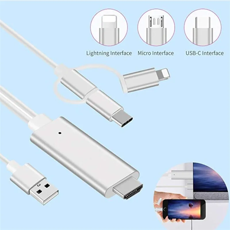 3-в-1 Lighting/USB C Тип C/микро USB для hdmy кабеля переходника цифровой HD 1080 P HDMI кабель для ТВ для Iphone samsung