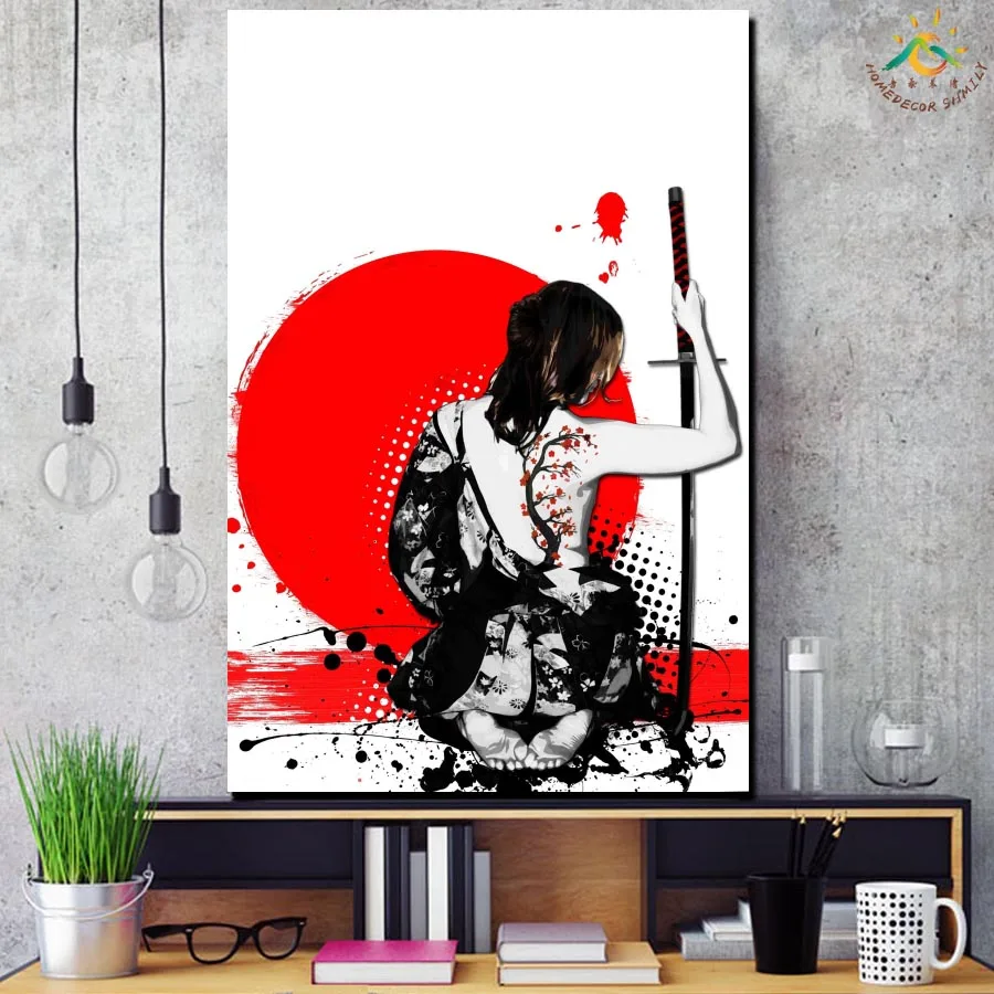 Janpan Art Woman Warrior Back Framed Scroll Painting Современный арт принт на холсте плакат настенная