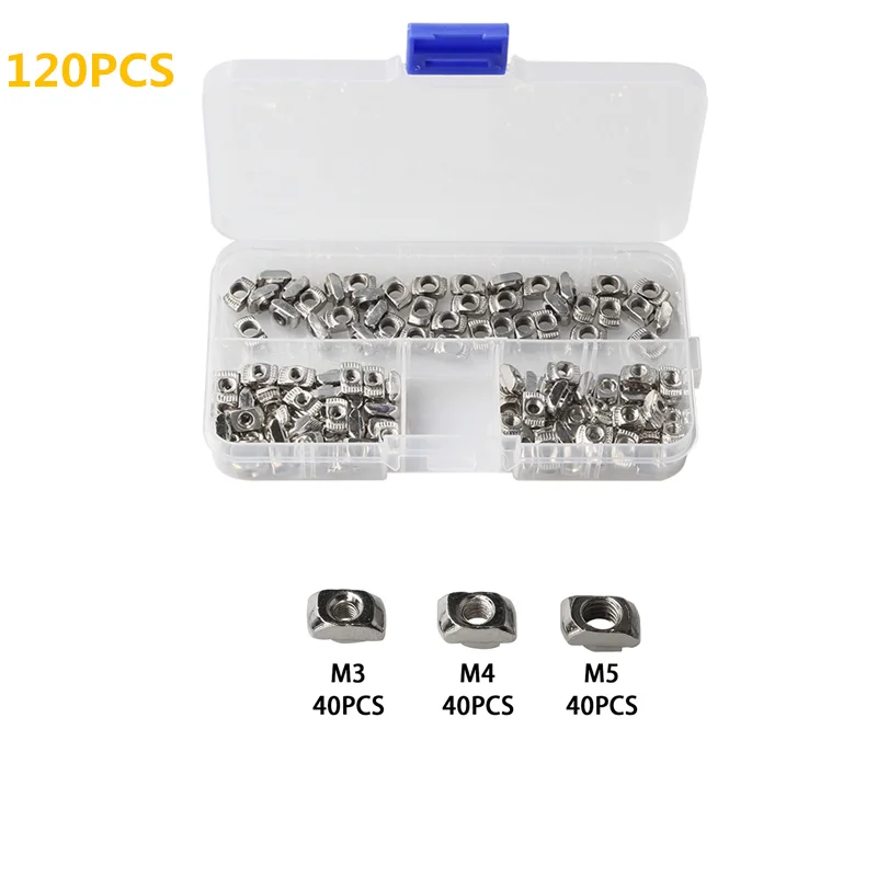 120Pcs/Set Nickel Plated T nut Hammer Head Fasten Nut M3 M4 M5 for Aluminum Extrusion Profile 20 series Slot Groove