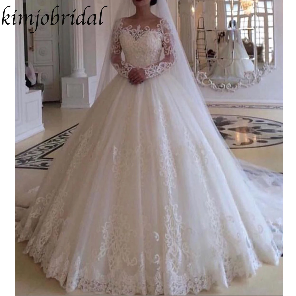 

Arabic Wedding Dresses 2019 Sheer Crew Neckline Long Transparent Sleeve Ball Gown Bridal Dresses 2019