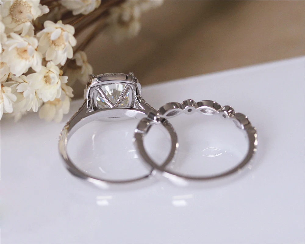 DUPUY 2.0ct Cushion Forever Brilliant Ring Set Art Deco Half Eternity Diamonds Wedding 14k White Gold Engagement | Украшения и