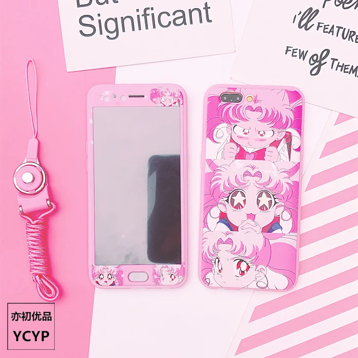 For iphone 7plus Sailor Moon Case +Tempered Glass Screen film for X 8 8plus 6 6S plus Pink cover+ Strap +Metal Gift box |