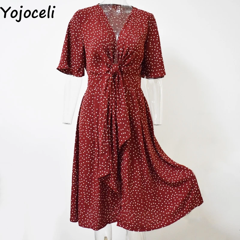 Женское пляжное платье Yojoceli Элегантное Длинное Повседневное в горошек с бантом