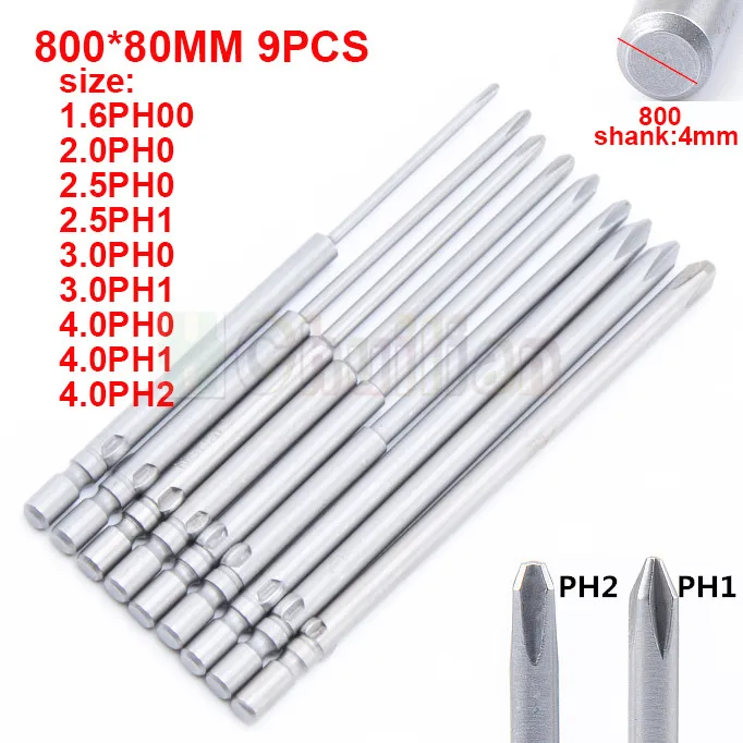 800x80mmx9pcs 800 4 мм хвостовика электрическая отвертка Набор бит Магнитный Phillips PH2 отвертки биты Мощность инструменты - Цвет: 800x80mmx9pcs