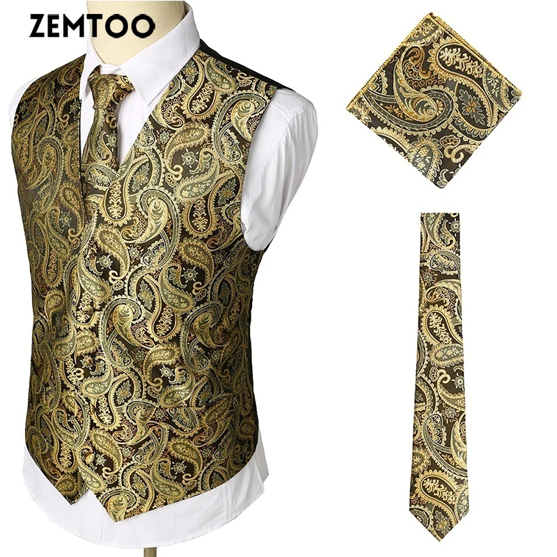

ZEMTOO 3-piece men's vest tie and handkerchief men's suit vest men's vest