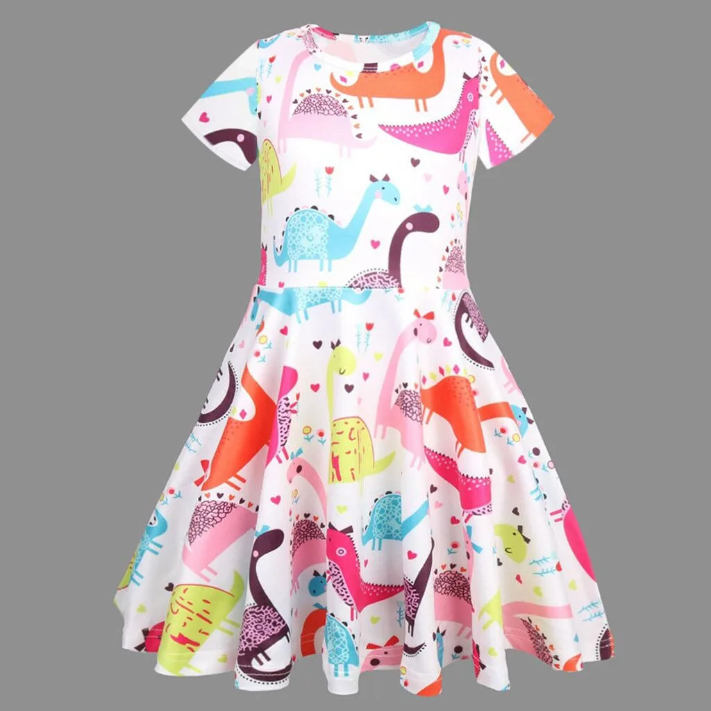kids dresses for girls 2019 summer Toddler Kid Baby Girl Short Sleeve Dinosaur Printing Party Dress Outfits Clothes | Детская одежда и
