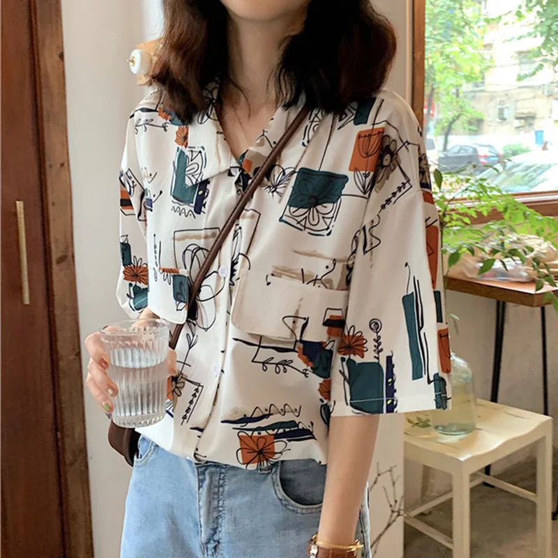 Women Shirt New Summer Loose Casual Blouse Female Short Sleeve Shirt Flower Print Women Tops XZ426
