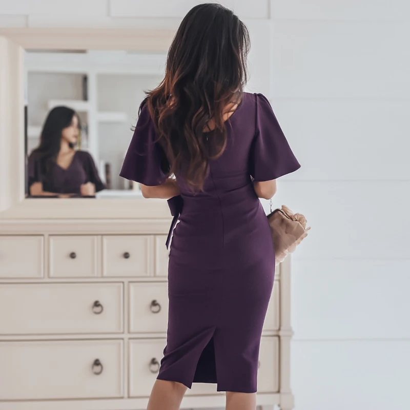 Elegant V-neck Lace Up Ruffles Women Dress Sexy Hip Package Mid-length Cloak Sleeve Female 2021 OL Style vestidos femme | Женская одежда