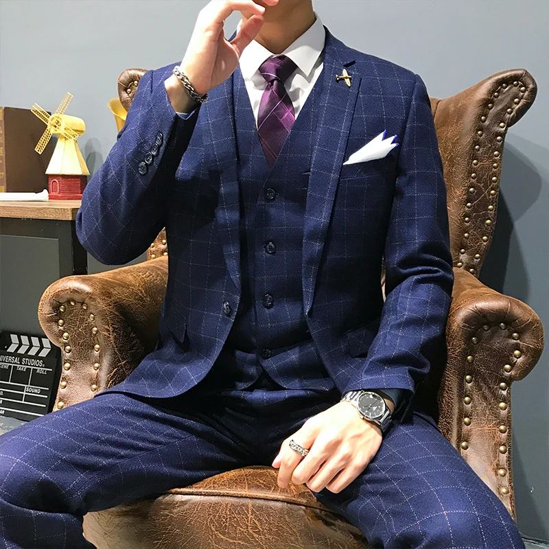 

3 Pieces 2019 Suits Men British New Style Designs Royal Blue Mens Suit Autumn Winter Thick Slim Fit Plaid Wedding Dress Tuxedos