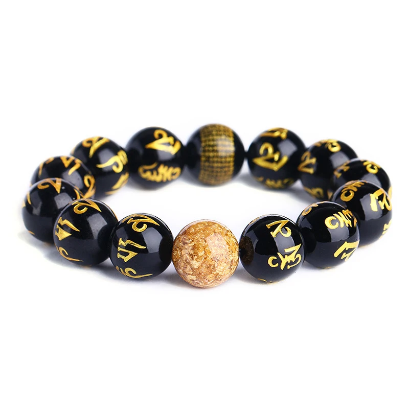 Оптовая продажа черный обсидиан натуральный камень браслеты шесть слов мантра