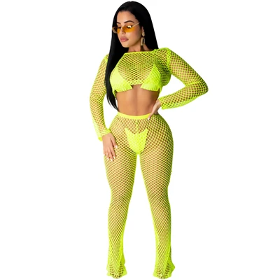fluorescent green Adogirl, комплект из двух предметов в сеточку, женский летний пляжный костюм, короткий топ с длинным рукавом+ прямые штаны, сексуальная клубная одежда, спортивный костюм - Цвет: fluorescent green