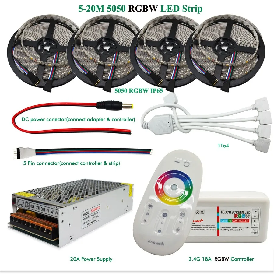 DC12V Светодиодный светильник RGBW водонепроницаемый/не водонепроницаемый SMD 5050 Светодиодный лента гибкая лента+ 2,4G RF пульт дистанционного управления+ адаптер питания комплект