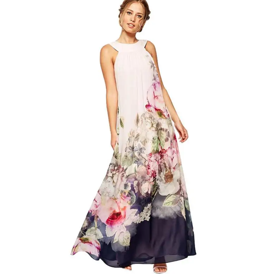 Летние Для женщин Повседневное Fit And Flare Floral платье без рукавов с принтом Длинные