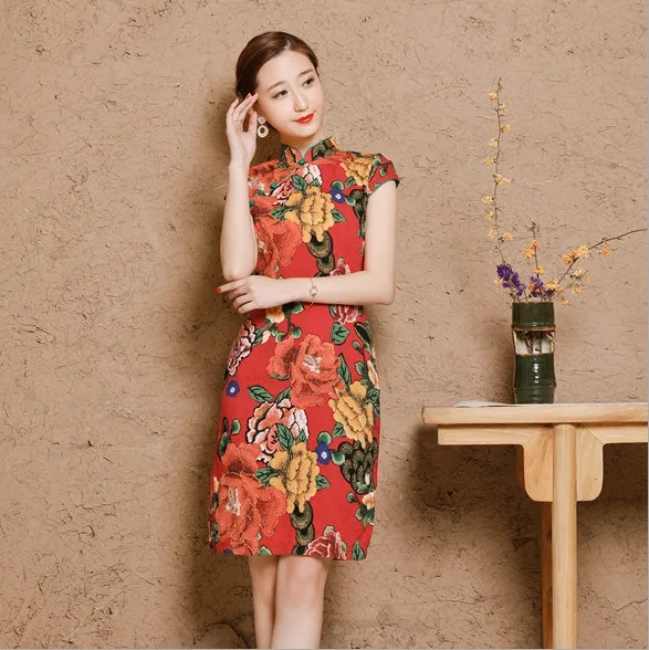Коричневый Китайские платья Ципао Cheongsam из хлопка и льна Mujer Vestidos размера плюс для женщин короткие 3XL 4XL 5XL летние Новое поступление - Цвет: Коричневый