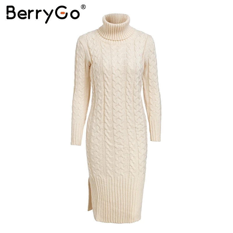 Apricot BerryGo водолазка Сплит свободный свитер платье длинное белое вязаное Женское зимнее платье трикотаж для осени уличная одежда женское платье - Цвет: Apricot