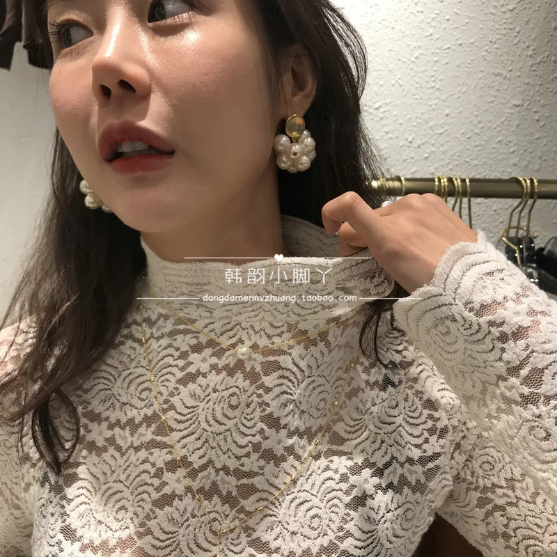 

Sweet Hollow Lace Floral Shirts Stretch Blouses Hook Flowers Bottoming Shirts Stand Collar Long-sleeved Slim Crop Tops Blusas