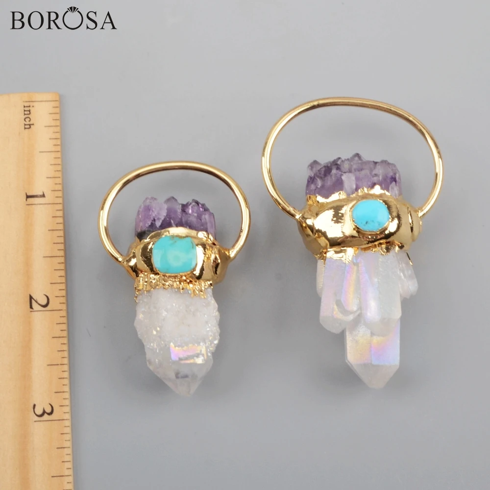 

BOROSA 3PCS New Gild Titanium AB Drusy Crystal Quartz Point With Amethysts Chips & Turquoises Pendants Handmade Necklace G1806