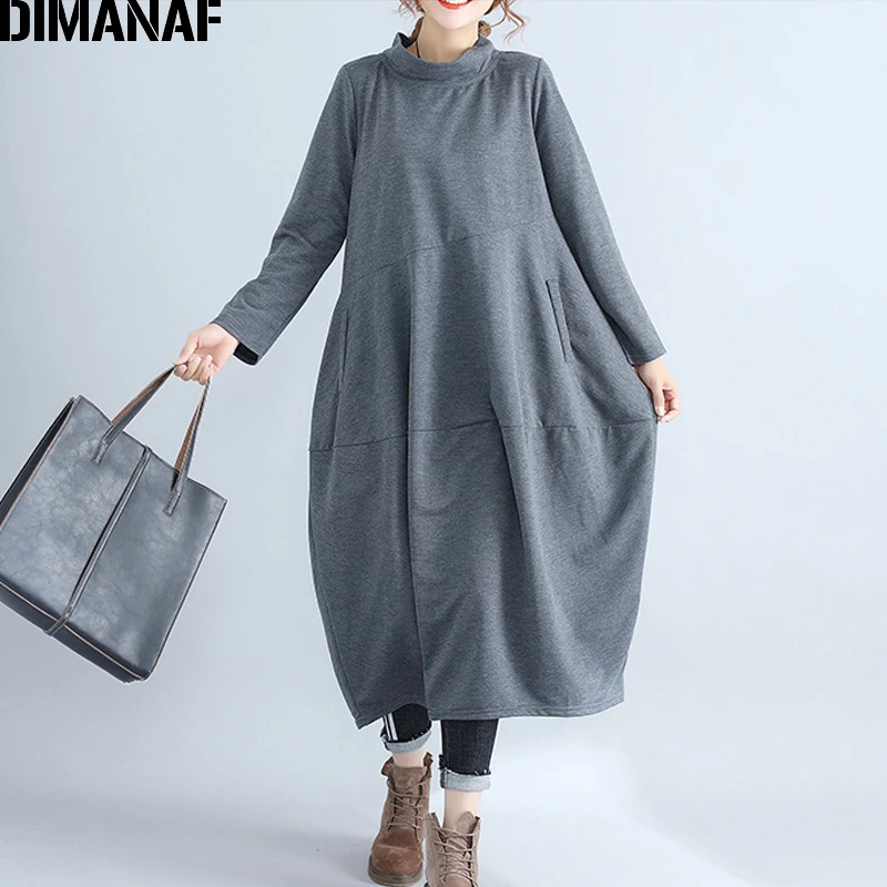 DIMANAF, женские длинные платья, водолазка, хлопок, для девушек, элегантные, Vestidos размера плюс, женская одежда, плиссированные, свободные, Осень-зима