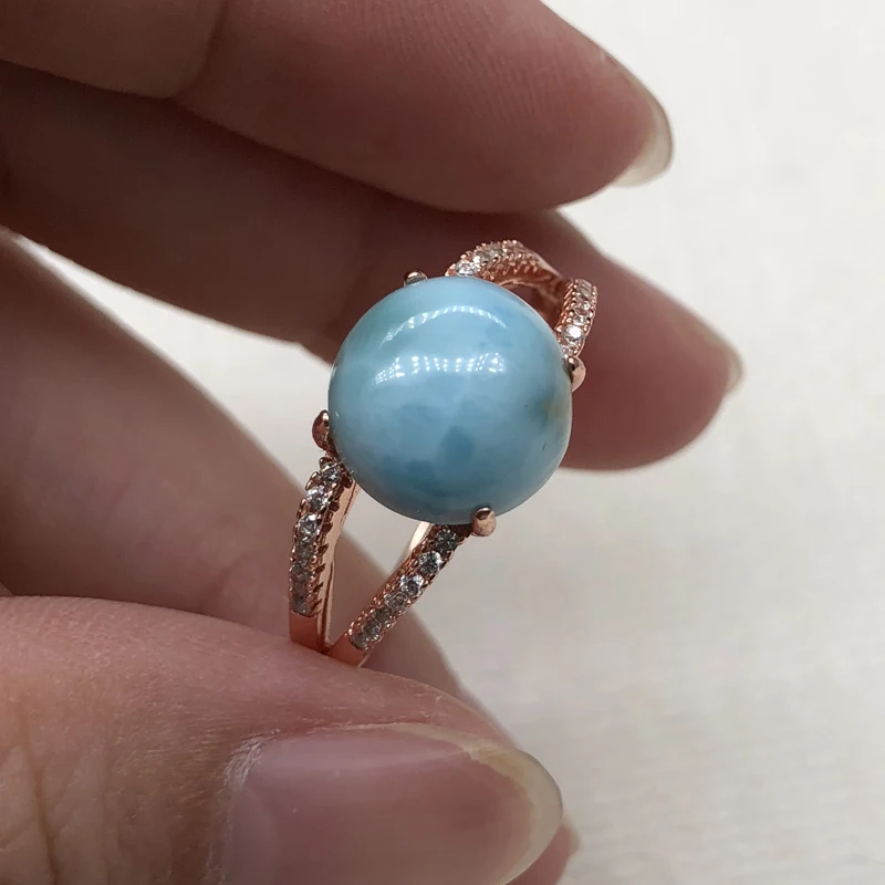 Розовое золото, Стерлинговое Серебро 925 пробы, кольца larimar, натуральный круглый камень 10 мм, хорошее ювелирное изделие для жены, Хороший Подарок на годовщину