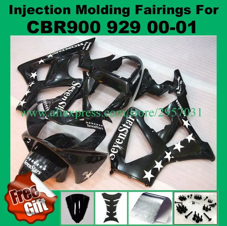 

Free screws+gifts Injection mold Fairing Kit for HONDA CBR900RR 929 00 01 Black Sevenstar CBR900RR 2000 2001 CBR900 ABS Fairing