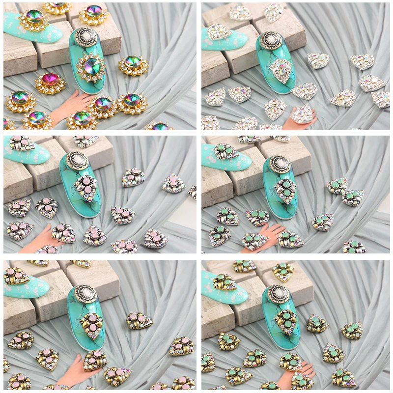10pcs/lot crystals 3D Glitter Nail Art Sticker Retro Metal Style triangle Round Alloy Tips Decoration Charms AB Jewelry | Красота и