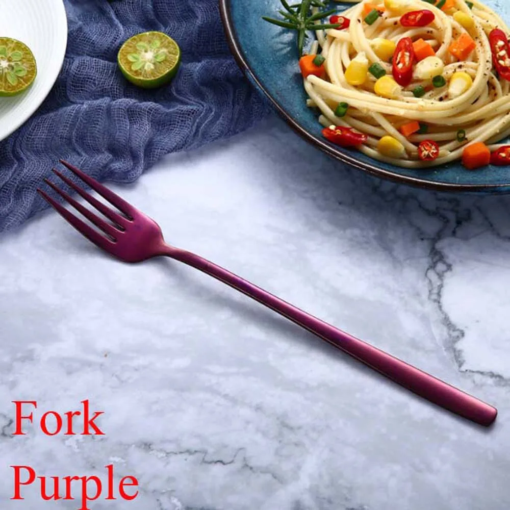 Fork purple Посуда из нержавеющей стали цвета радуги ложка с длинной ручкой вилка Совок Мороженое Ложки для чая и кофе столовые приборы кухонные принадлежности - Цвет: Fork purple