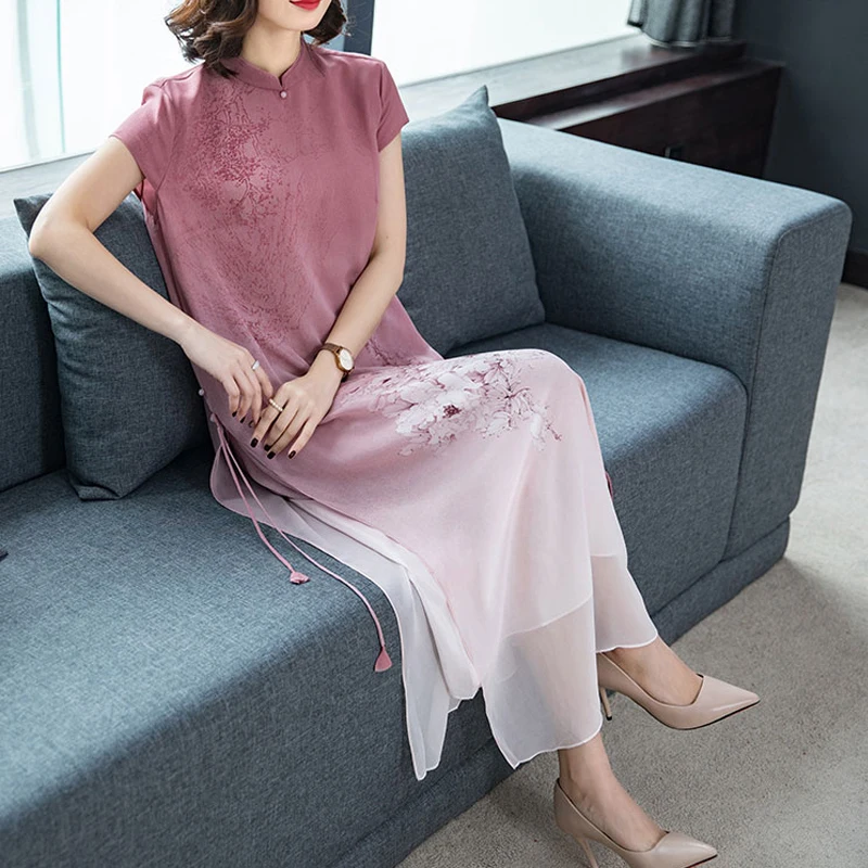 Summer Plus Size Women Dress 2019 Imitate Real Silk Print Dress Casual Long Cheongsam Chinese Style Elegant Party Vestidos L-4XL