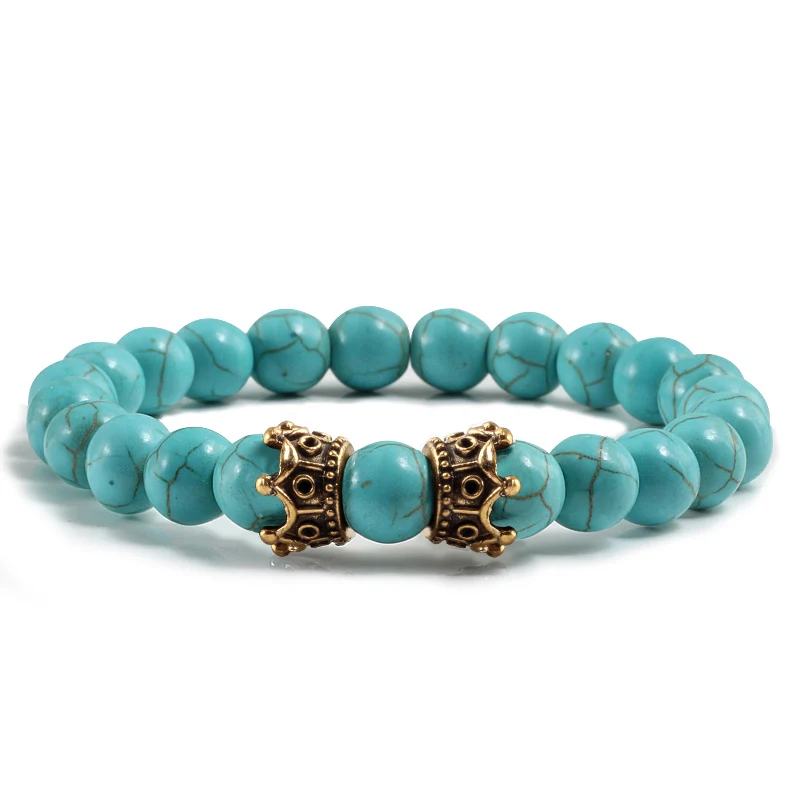 Vintage Alloy CZ Crown Beaded Bracelets Natural Stone Blue Turquoises Hematite Couple Bracelet for Women Men Accessories Jewelry | Украшения